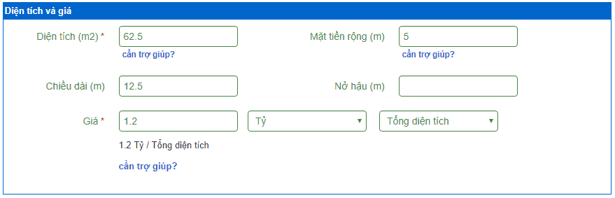 diện tích và giá