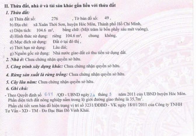 Chính chủ cần bán lô đất thổ cư tại xuân thới sơn, xã bà 6302976