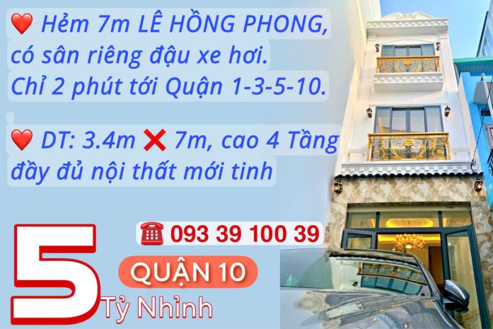Bán nhà q10, hẻm 7m có sân oto riêng, cao 4 tầng fullnt: 6594834
