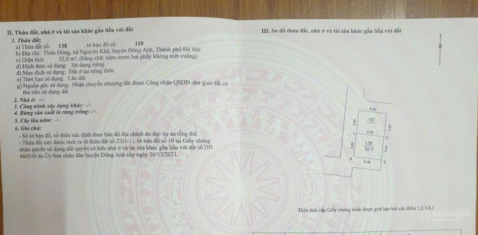 Bán 52m2 đất thôn đồng, phúc thịnh sát võ nguyên giáp đường 6607646
