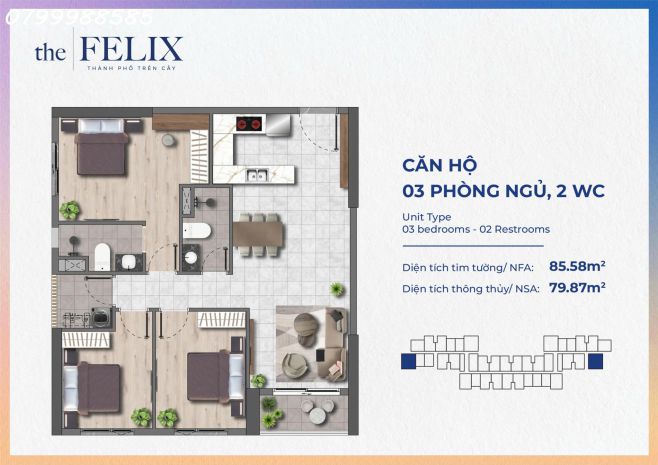Suất nội bộ the felix căn 3pn 2wc. căn góc 2 view, sông, 6654534