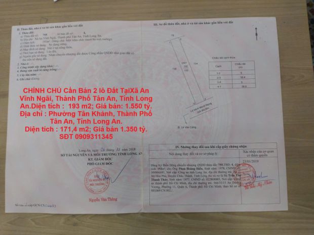 Chính chủ cần bán 2 lô đất tại xã an vĩnh ngãi và phường 6739805