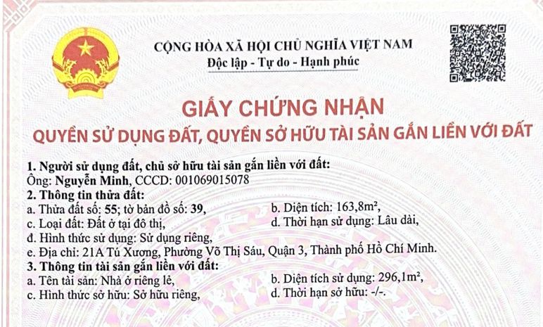Chính chủ bán mặt tiền tú xương, p. võ thị sáu, q.3: dt 6807124