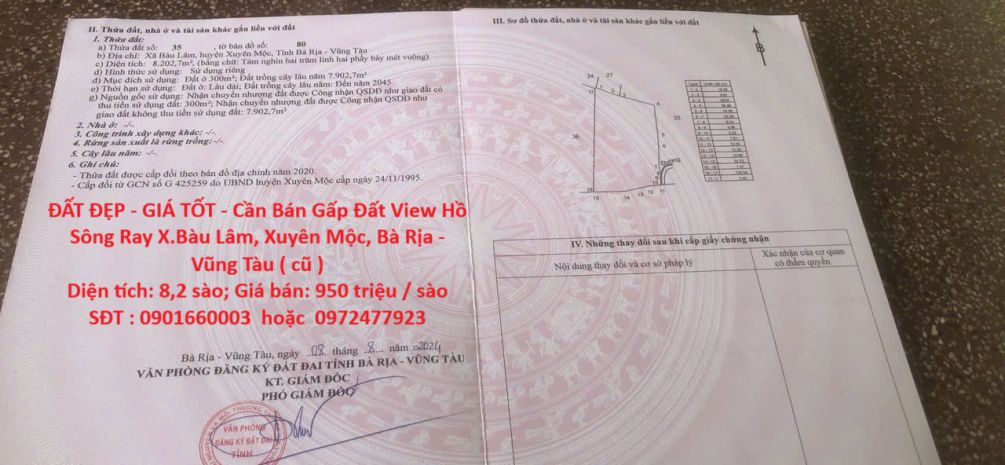 Đất đẹp - giá tốt - cần bán gấp đất view hồ sông ray x.bàu 6842240