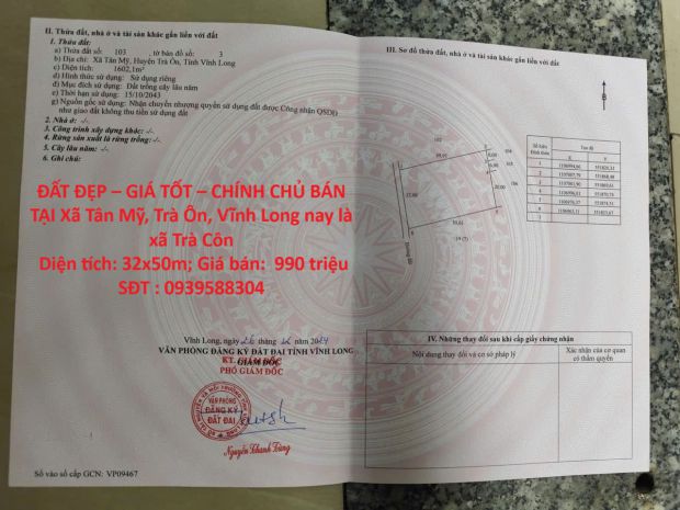 Đất đẹp  giá tốt  chính chủ bán tại xã tân mỹ, trà ôn, 6853445