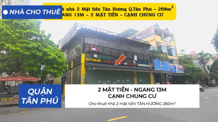Cho thuê nhà 2 mặt tiền tân hương 260m² - ngang 13m, cạnh 6856256