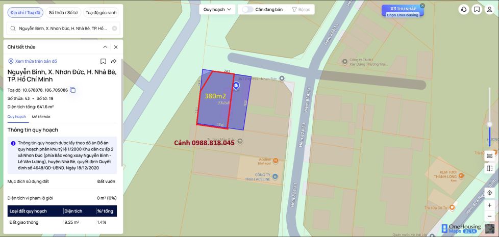 Bán đất 380m2 đường nguyễn bình, xã nhơn trạch, nhà bè, tp 6864277