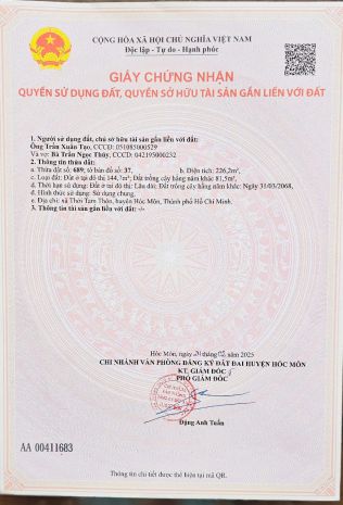 Bán đất thổ cư hóc môn, đường phùng thị chuyện, 226m2, shr, 6926874