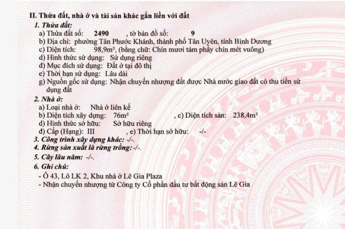 Bán nhà phố liền kề cao cấp  dự án lê gia plaza, tân uyên, 6942554