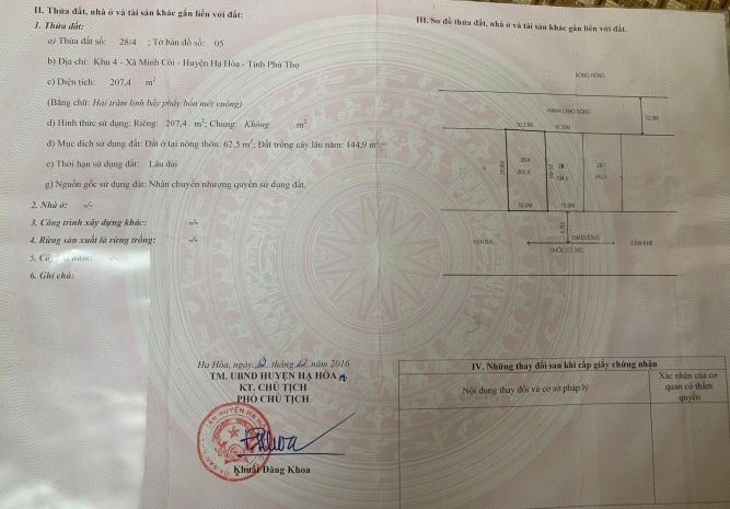 Bán lô đất 207,4m2 thổ cư 62,5m,144,9 m² đất trồng cây lâu 7002242