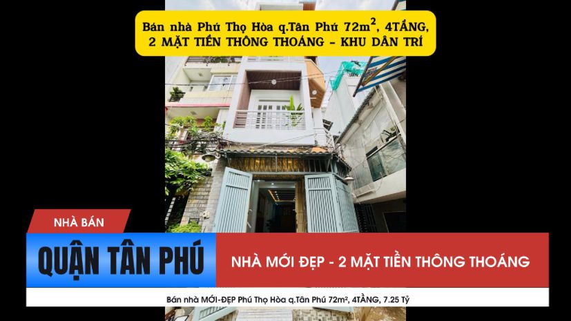 Bán nhà mới-đẹp phú thọ hòa q.tân phú 72m², 4tầng, 7.25 tỷ 7013305