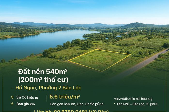 Đất nền 540m² có 200m² thổ cư  hồ ngọc, phường 2 bảo lộc 7074052