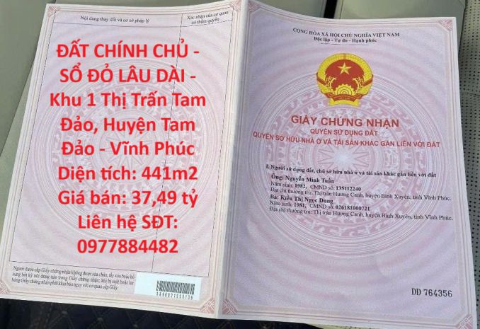 Đất chính chủ - sổ đỏ lâu dài - khu 1 thị trấn tam đảo, 7088865