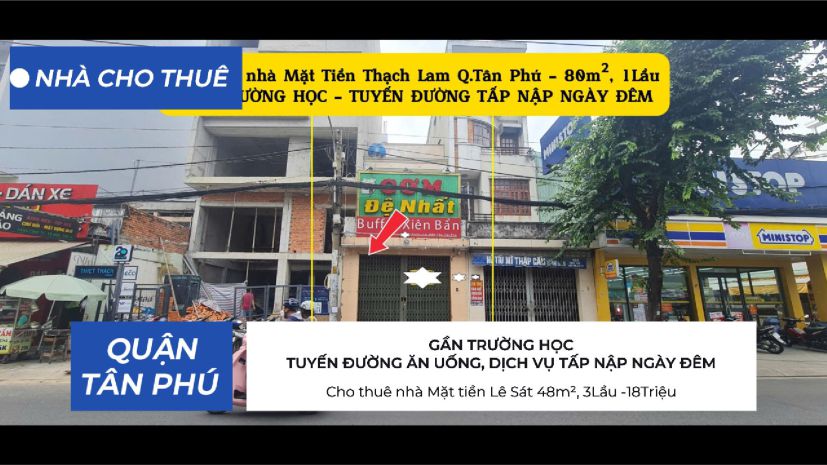 Cho thuê nhà mặt tiền thạch lam 80m², 1lầu, 22triệu - gần 7093000