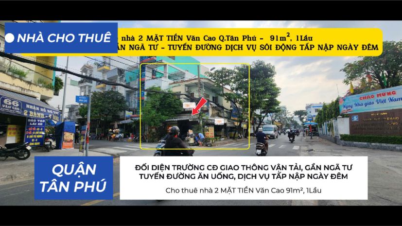 Cho thuê nhà 2 mặt tiền văn cao 91m², 1lầu - đối diện 7109006