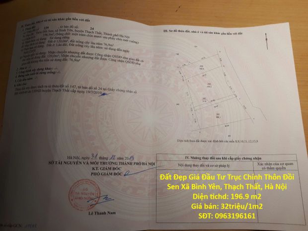 Đất đẹp giá đầu tư trục chính thôn đồi sen xã bình yên, 7172503