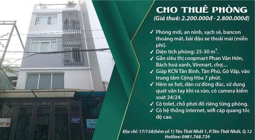 Phòng cho thuê mới  đường phan văn hớn, quận 1 7175104