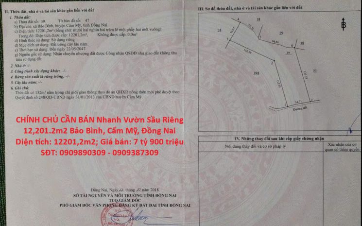 Chính chủ cần bán nhanh vườn sầu riêng 12,201.2m2 bảo bình, 7183389