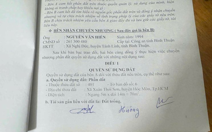 Cần bán gấp đất thổ cư  hẻm xe hơi  nguyễn thị thử, xuân 7219326