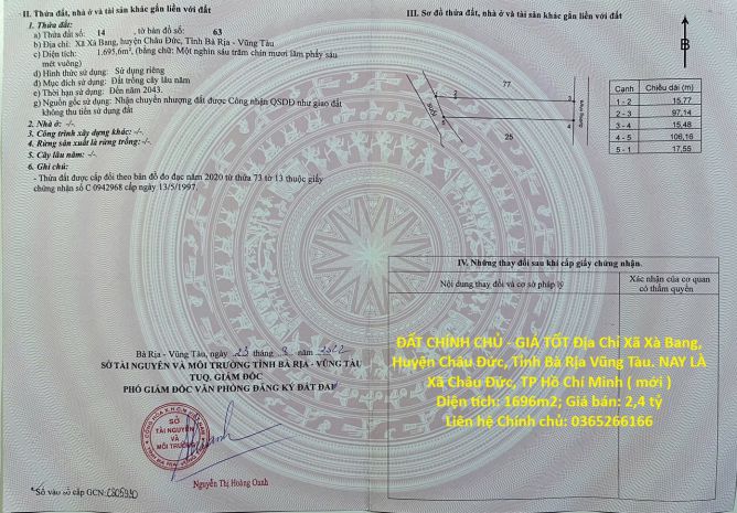 Đất chính chủ - giá tốt địa chỉ xã xà bang, huyện châu đức, 7327584