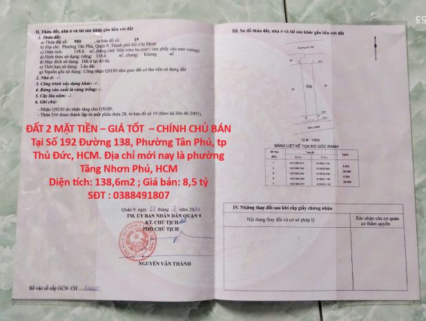 Đất 2 mặt tiền  giá tốt   chính chủ bán tại số 192 đường 7336772