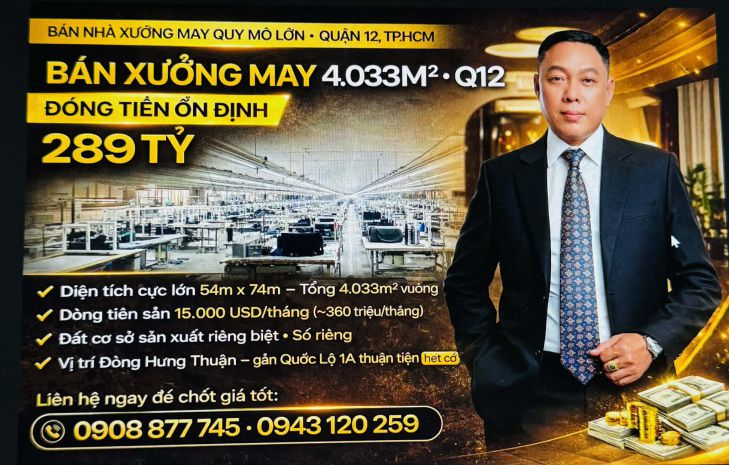 Xưởng may đông hưng thuận q12 gần ql1a - 4033m2 dòng tiền 7396096