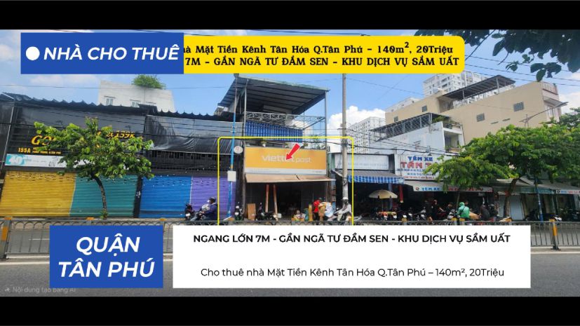 Cho thuê nhà mặt tiền kênh tân hóa q.tân phú140m², 20triệu 7483167