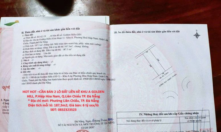 Hot hot cần bán 2 lô đất liền kề khu a golden hill, p.hòa 7489399