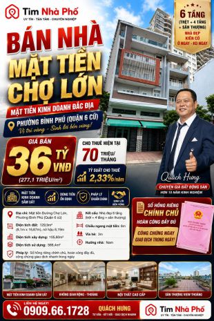 Bán nhà mt chợ lớn - bình phú quận 6 - 6 tầng - hđt 70tr - 7513430