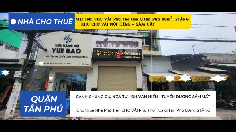 Cho thuê nhà mặt tiền chợ vải phú thọ hòa q.tân phú 88m², 7517220