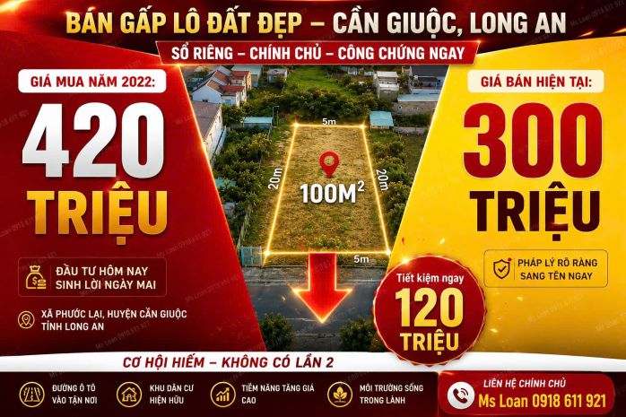 Bán gấp đất sổ riêng long an 100m² giá chỉ 300 triệu 7527685