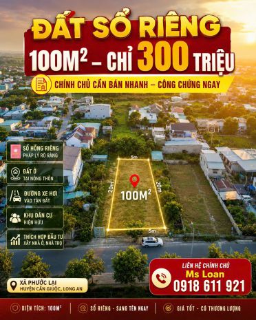 Bán gấp đất sổ riêng long an 100m² giá chỉ 300 triệu 7527686