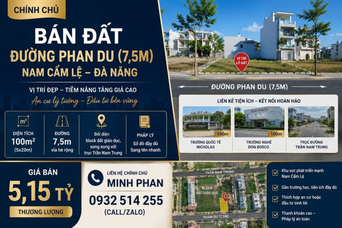 Bán đất đường phan du đường 7m5 -  cẩm lệ  gần trường quốc 7531147