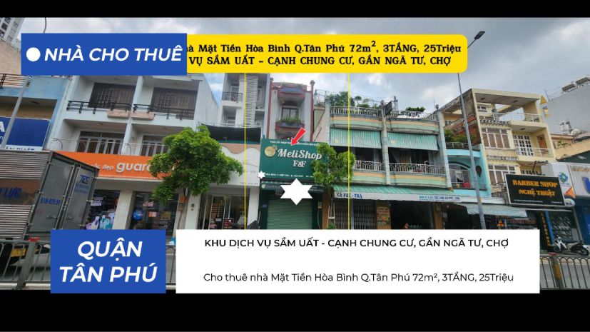 Cho thuê nhà mặt tiền hòa bình q.tân phú 72m², 3tầng, 7544800