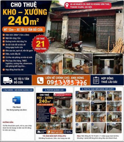 Cho thuê, văn phòng, kho ngõ 93, hoàng văn thái, phường 7610821