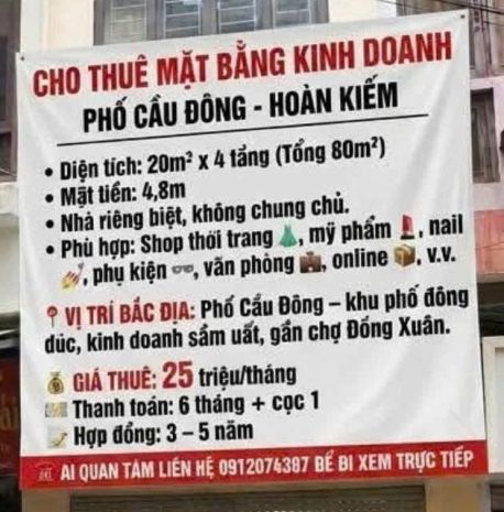Cho thuê mặt bằng kinh doanh phố cầu đông,  phường hoàn 7615748