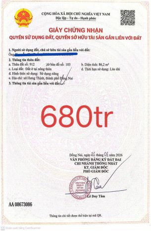 Chỉ 680 triệu  sở hữu ngay đất thổ cư sổ riêng 135,2m² tại 7631242