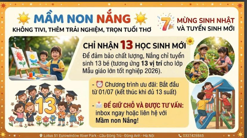 Tuyển sinh năm học mới tại mầm non nắng  không tivi, thêm 7661212
