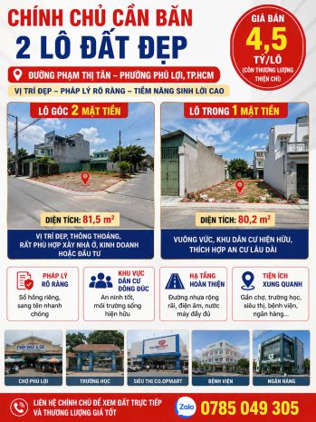 Chính chủ cần bán 2 lô đất đẹp đường phạm thị tân  phường 7662746
