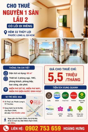 Cho thuê 60m2 , nguyên 1 sàn lầu 2 , có lối di riêng, tại 7668685