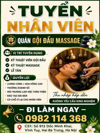 Tuyển nhân viên gội đầu massage  đi làm ngay - hai bà 7670453