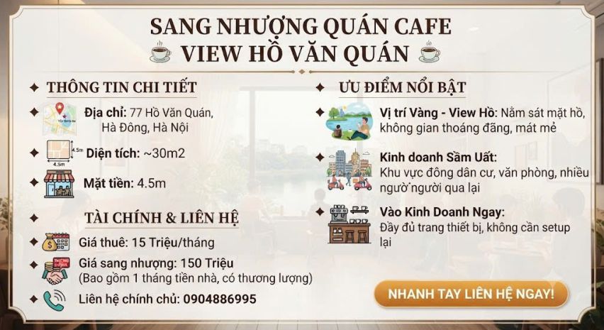 Sang nhượng quán cafe view hồ văn quán -  địa chỉ: 77 hồ 7679295