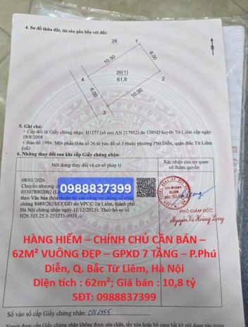 Hàng hiếm  chính chủ cần bán  62m² vuông đẹp  gpxd 7 7706152