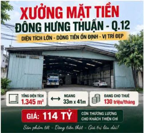 Xưởng 1.345m²  tân thới nhất- q12   33m x41m thuê 7729008