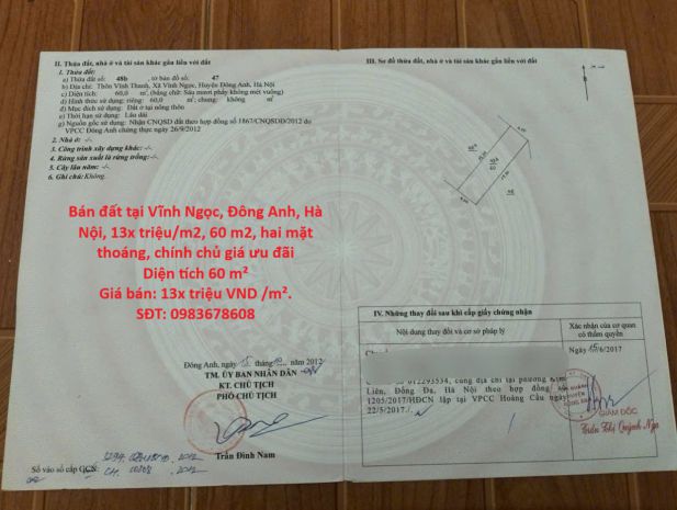 Bán đất tại vĩnh ngọc, đông anh, hà nội, 13x triệum2, 60 7740901