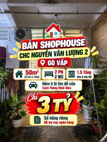 Bán shophouse trệt cc nguyễn văn lượng 2 ,gò vấp 50m2, hẻm 7764655