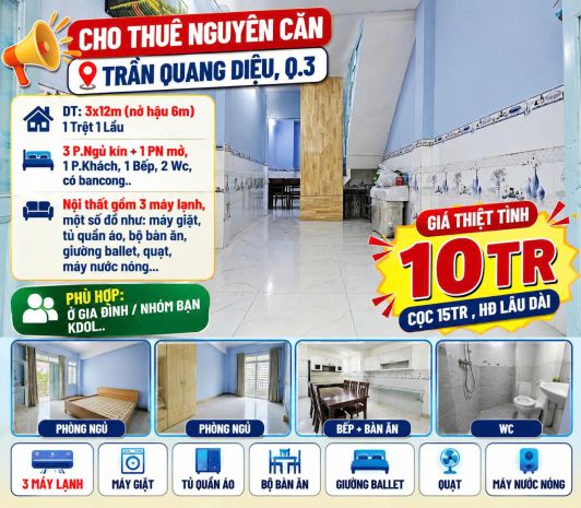 Cho thuê nhà nguyên căn trần quang diệu, q3 , 4pn chỉ 10tr 7777112
