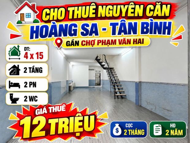 Cho thuê nhà mặt tiền thụt hoàng sa tân bình, 4x15m, 12tr 7784949