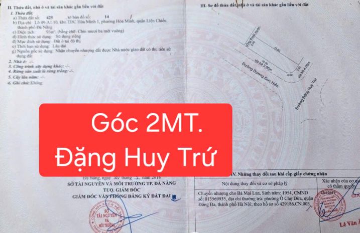 Đất góc 2mt sát biển - đường đặng huy trứ  dương đức 7788765