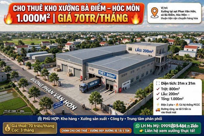 Cho thuê kho xưởng bà điểm  hóc môn - 1.000m² - giá 7793748